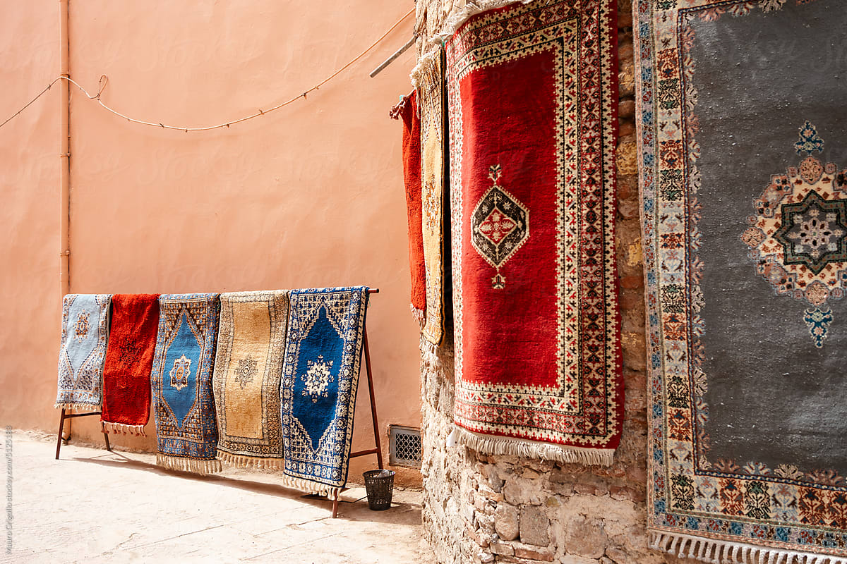 Carpets on sale along a road in Marrakech, Morocco