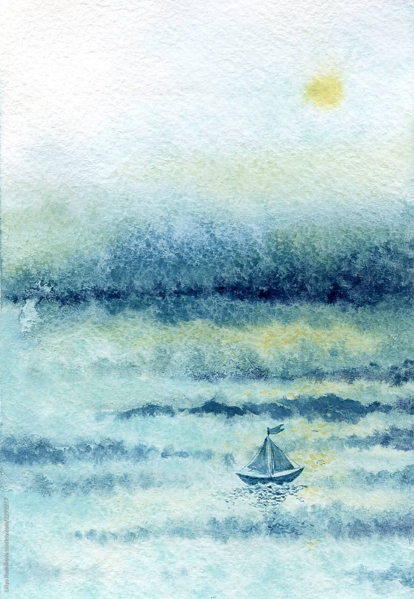 Abstract watercolor landscape with boat