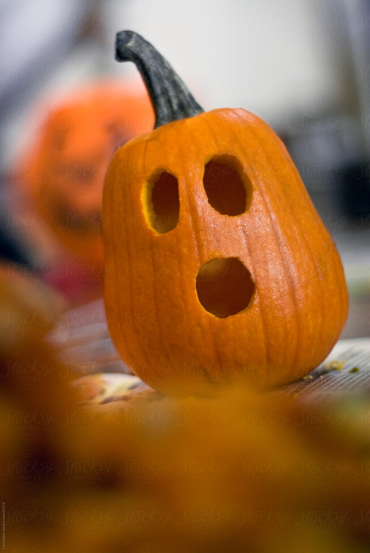 Little Halloween pumpkin has a surprised face carved into it