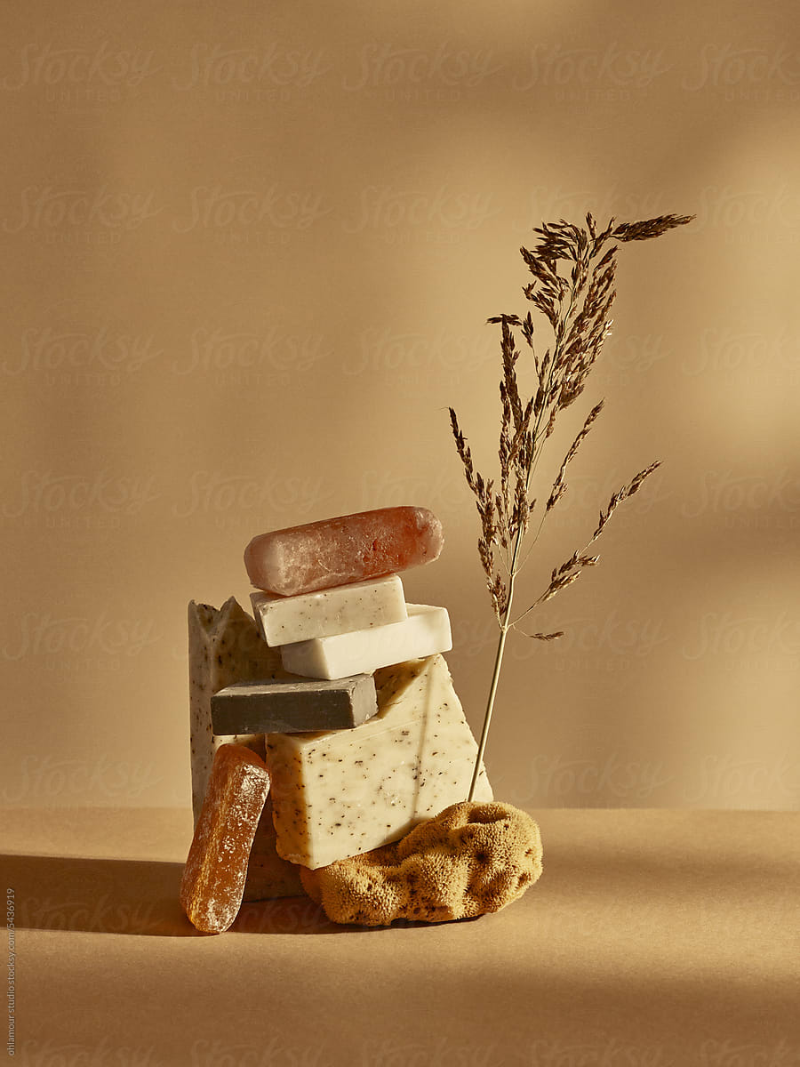 Elegant display of organic soaps and vegetal sponge