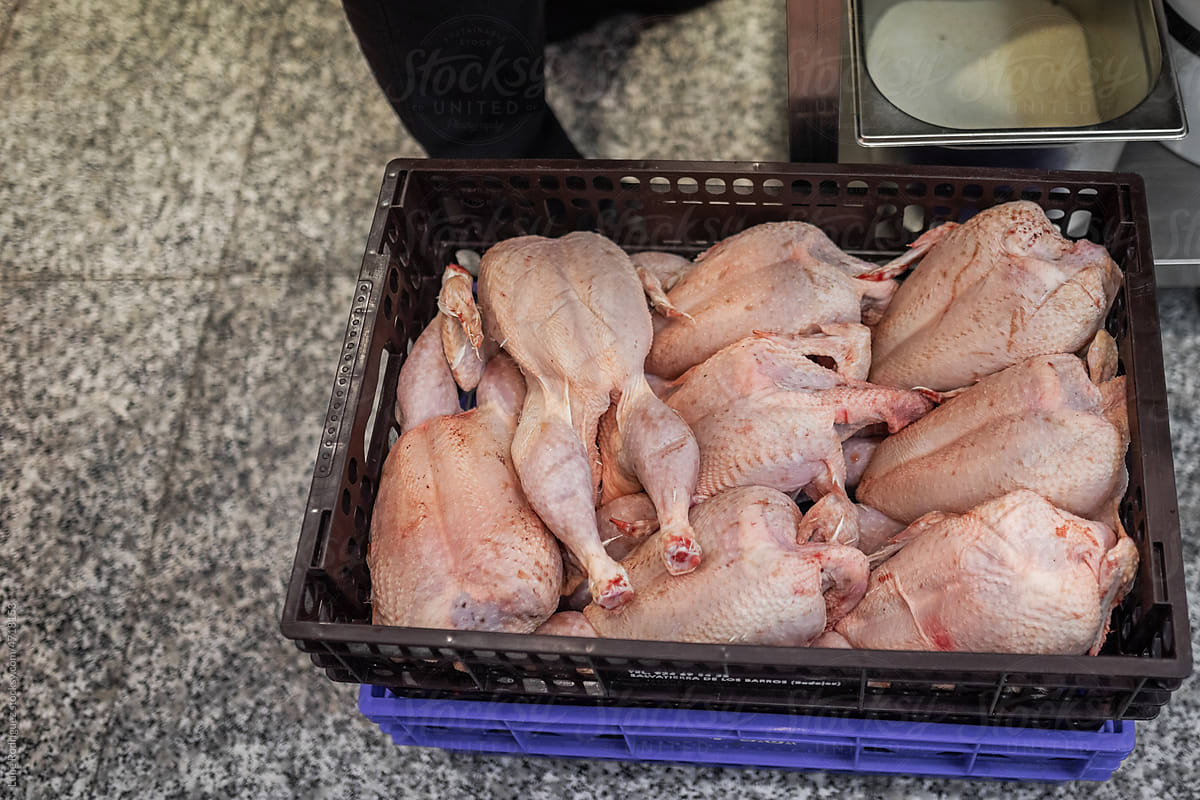 box of chicken meat in a butcher shop