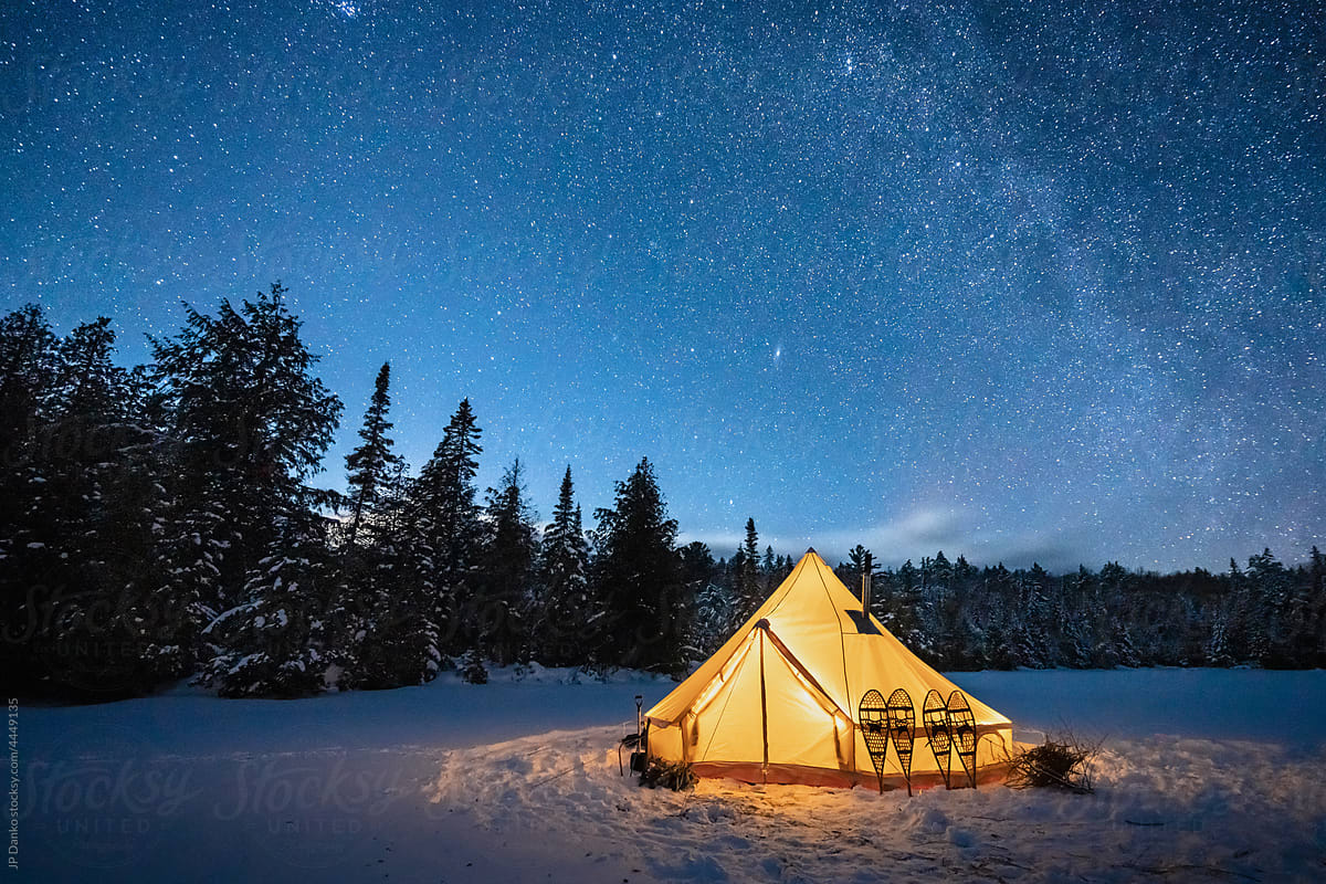 Canvas Tent with Winter Milky Way Galaxy Night Sky Landscape