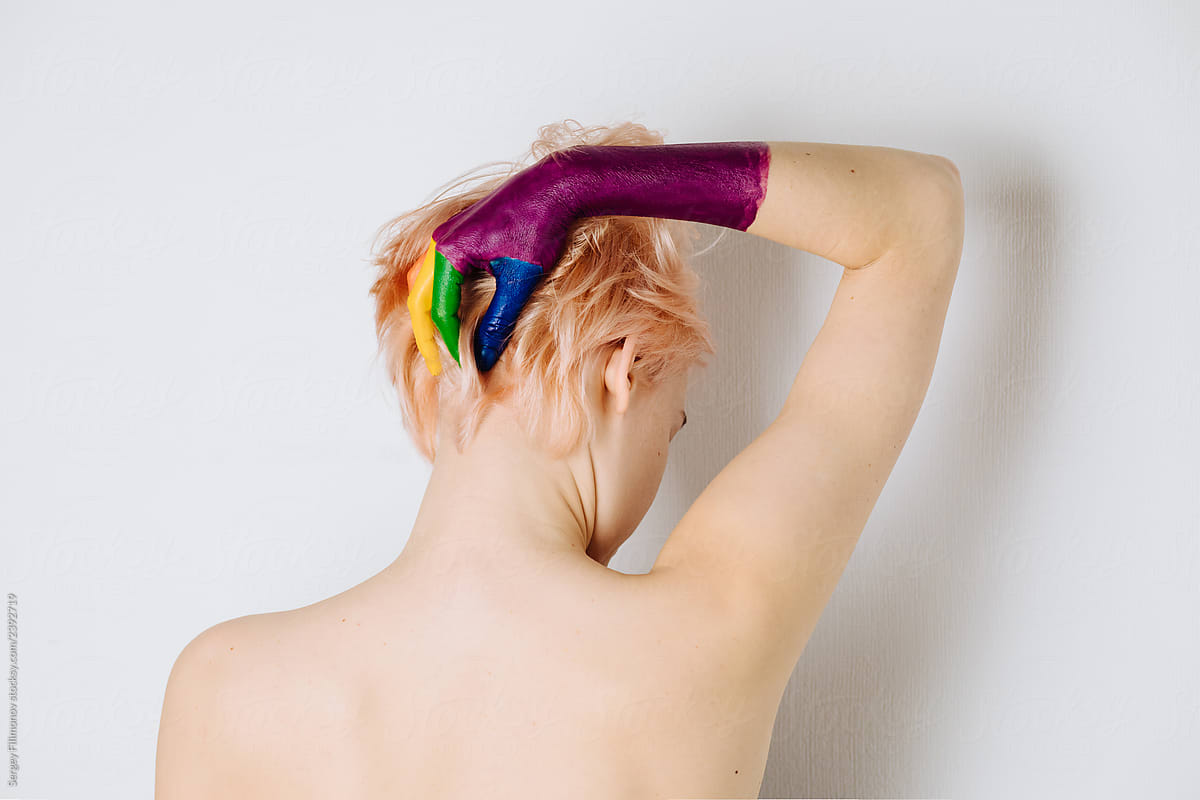 Woman With Pink Hair And Colored Hand On Back Of Head by Sergey Filimonov