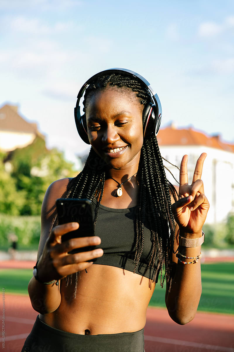 Black Sporty Woman Talking on Video Chat