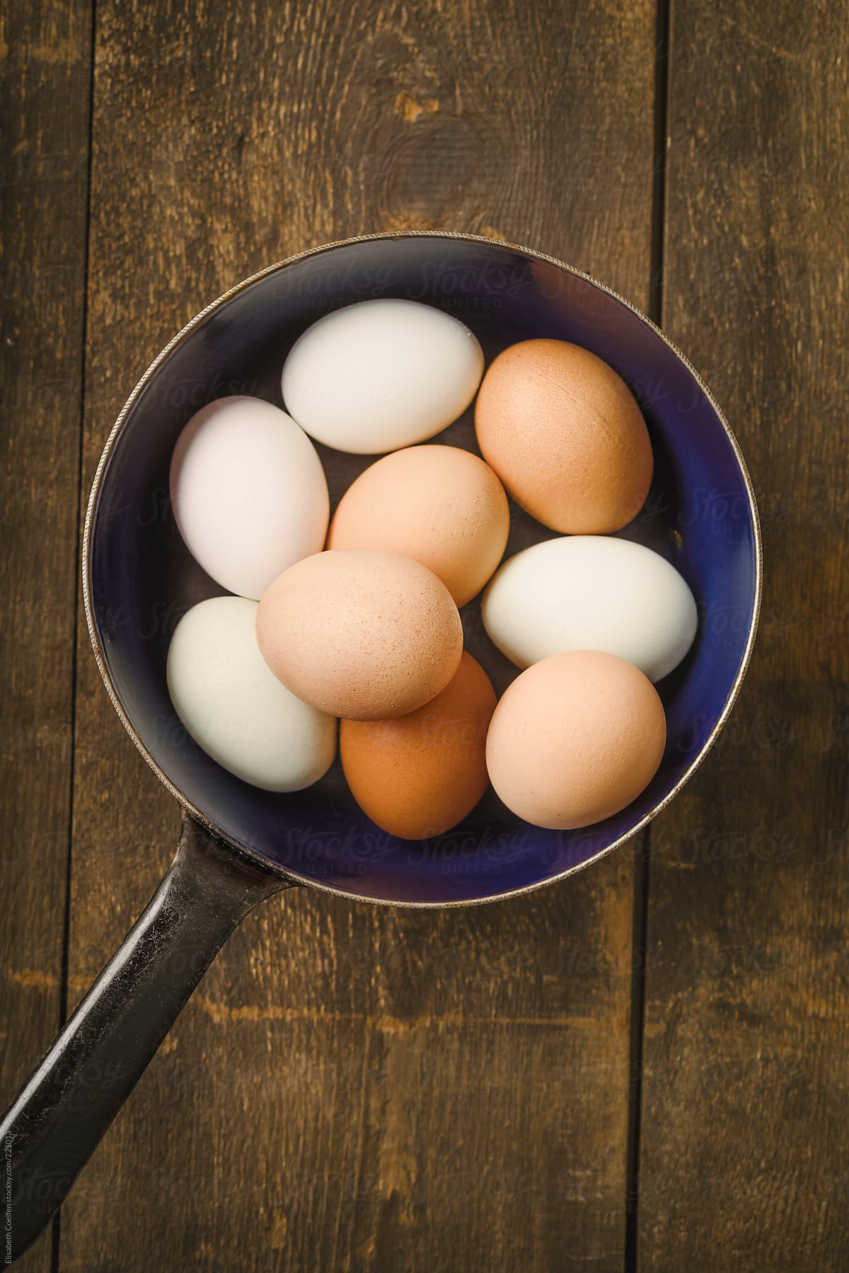 Free-range eggs in a pan