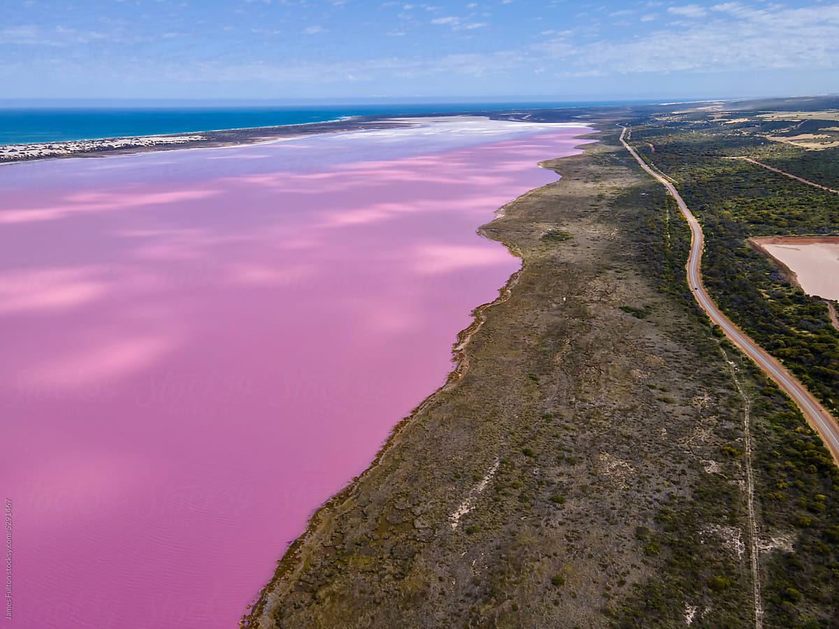 Pink lake next to road and ocean