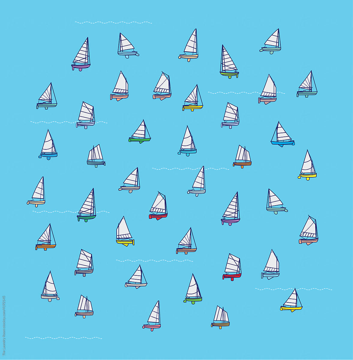 Small Sailboat Pattern on Cyan / Catboats