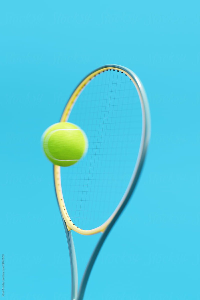 Tennis racket hitting a green tennis ball