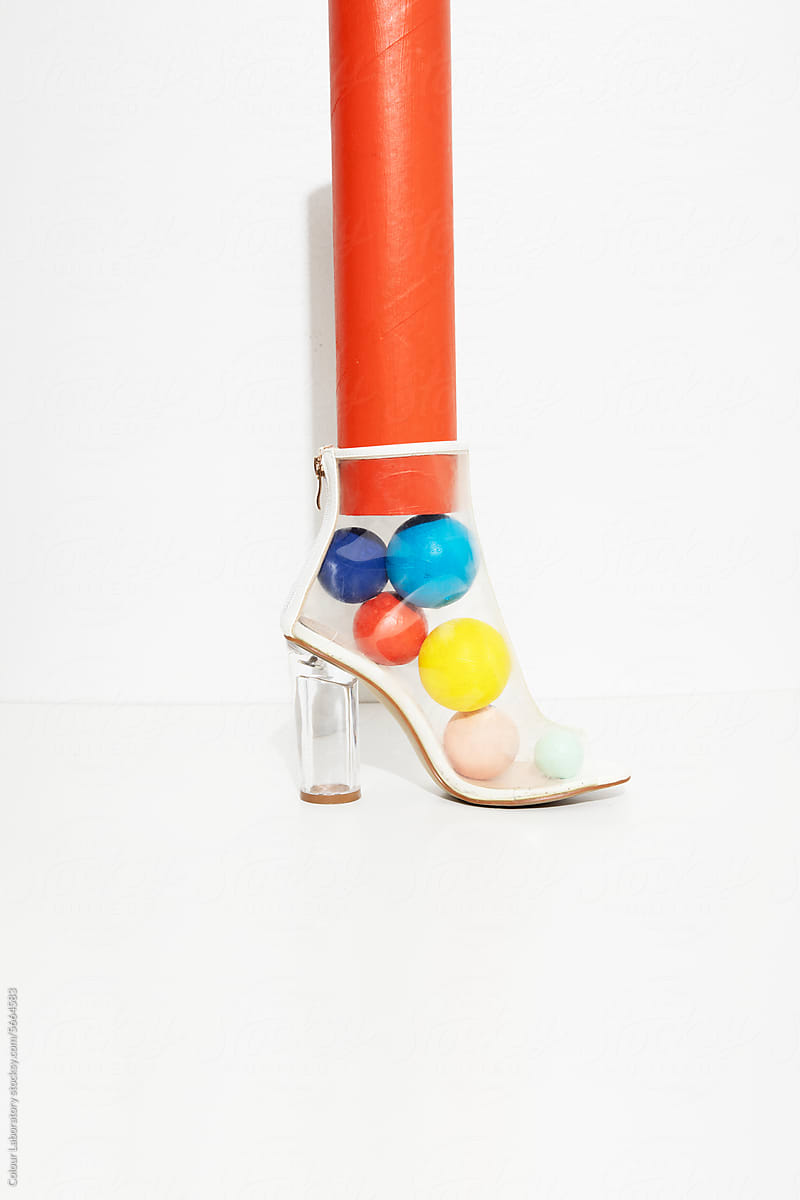 Transparent clear plastic heel with colorful balls/bubbles inside