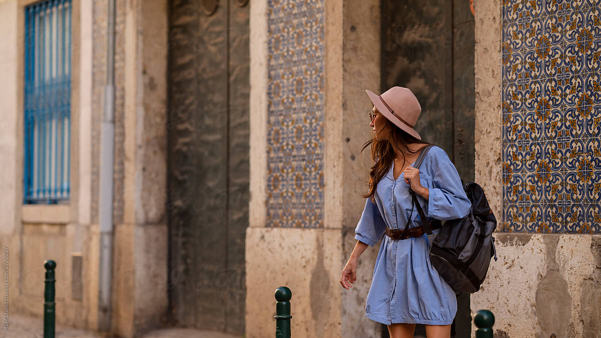 Woman traveler walking in Lisbon