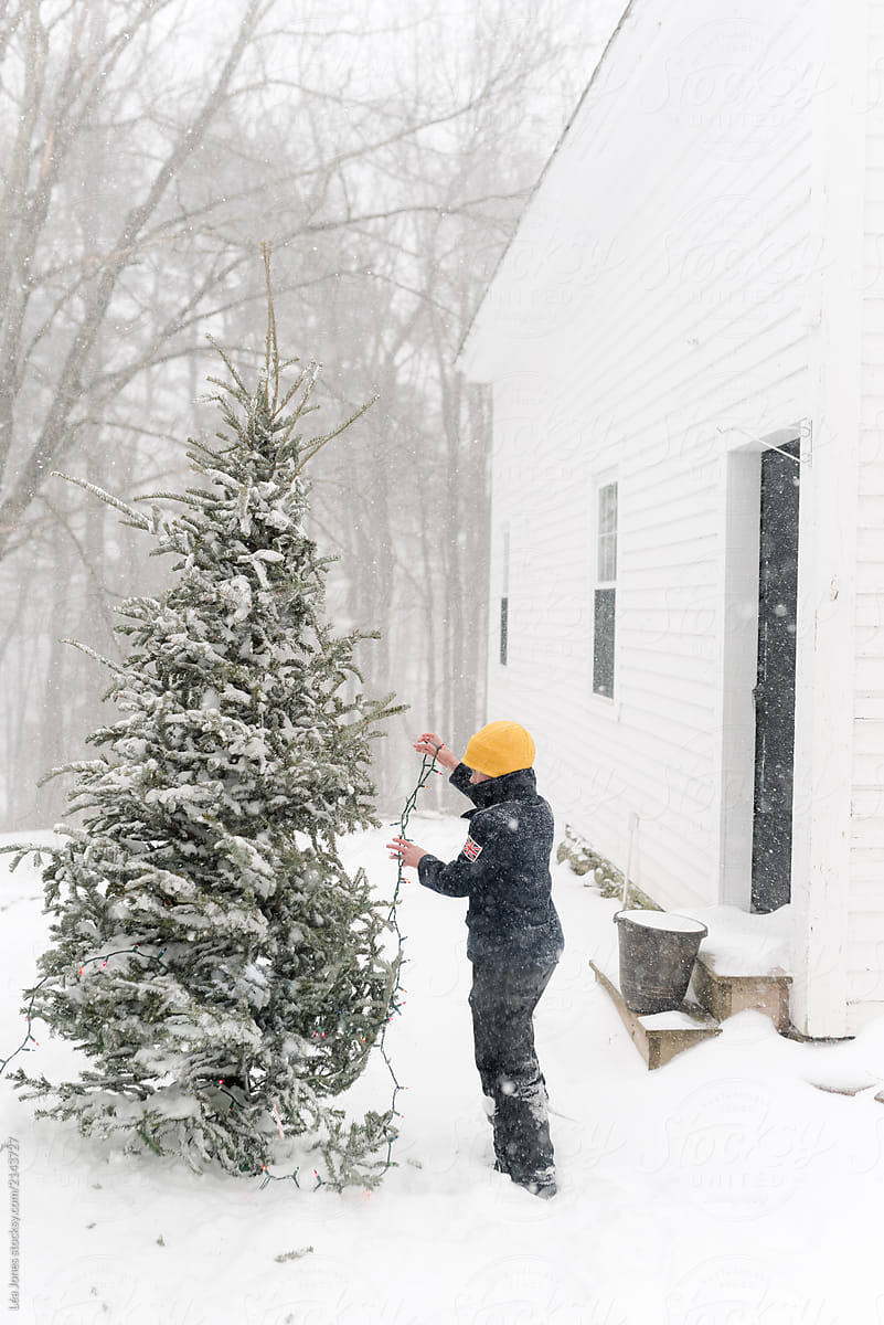 «Little Boy Putting Lights Up On A Christmas Tree In The Snow.» del ...