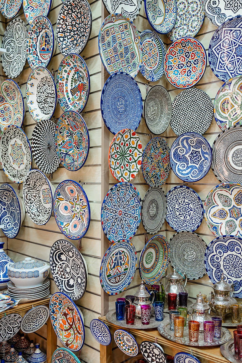 Pottery decorated with Moroccan ornament in Marrakech