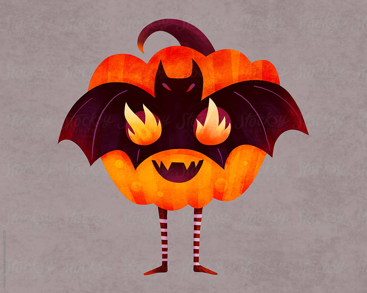 Halloween pumpkin character dressed in a bat costume with fire i