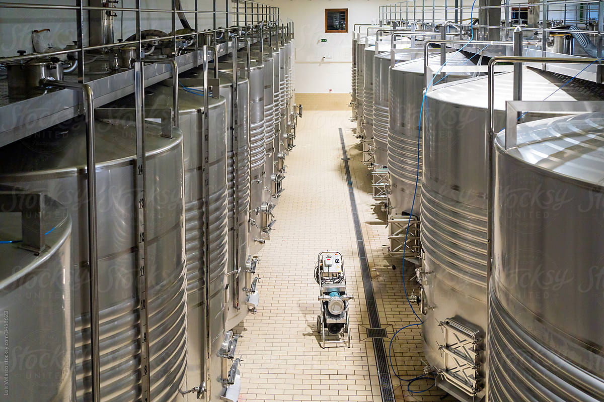 Metallic Tank Containers In A Modern Wine Cellar.