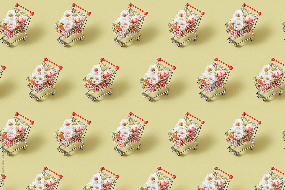 Fresh natural flowers in a shopping carts pattern.