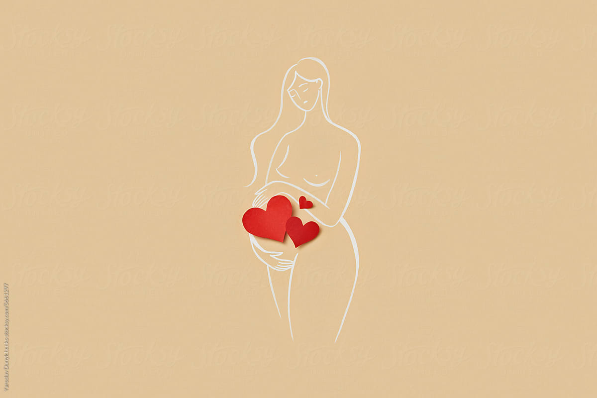 Drawn illustration of pregnant woman with papercraft hearts on tummy