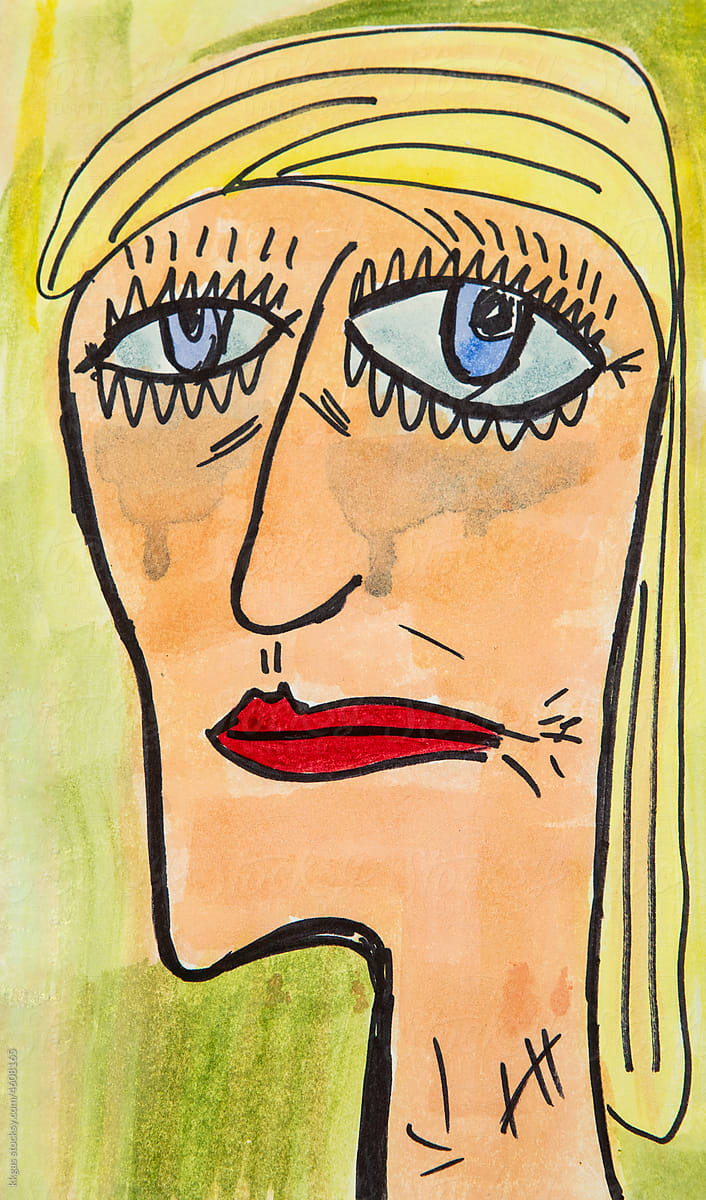 Rough drawing of a blonde woman with oversized eyes.