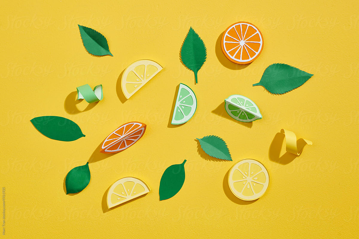 Exotic summer citrus with leaves cut out of paper