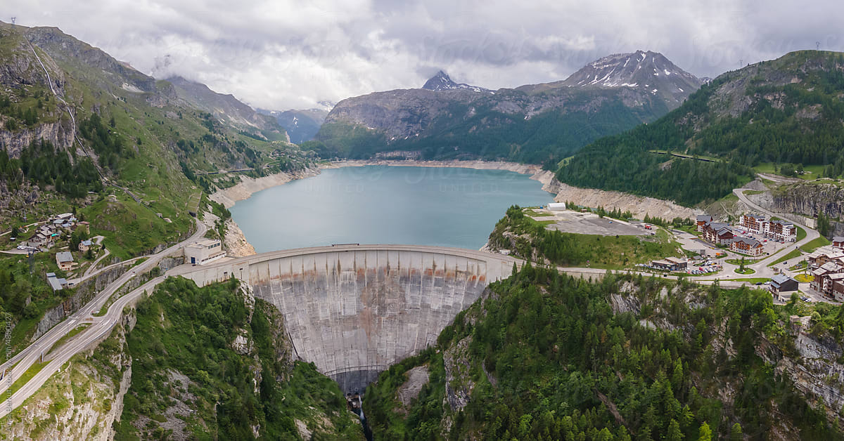 water dam panorama in Alps mountains, France, renewable energy