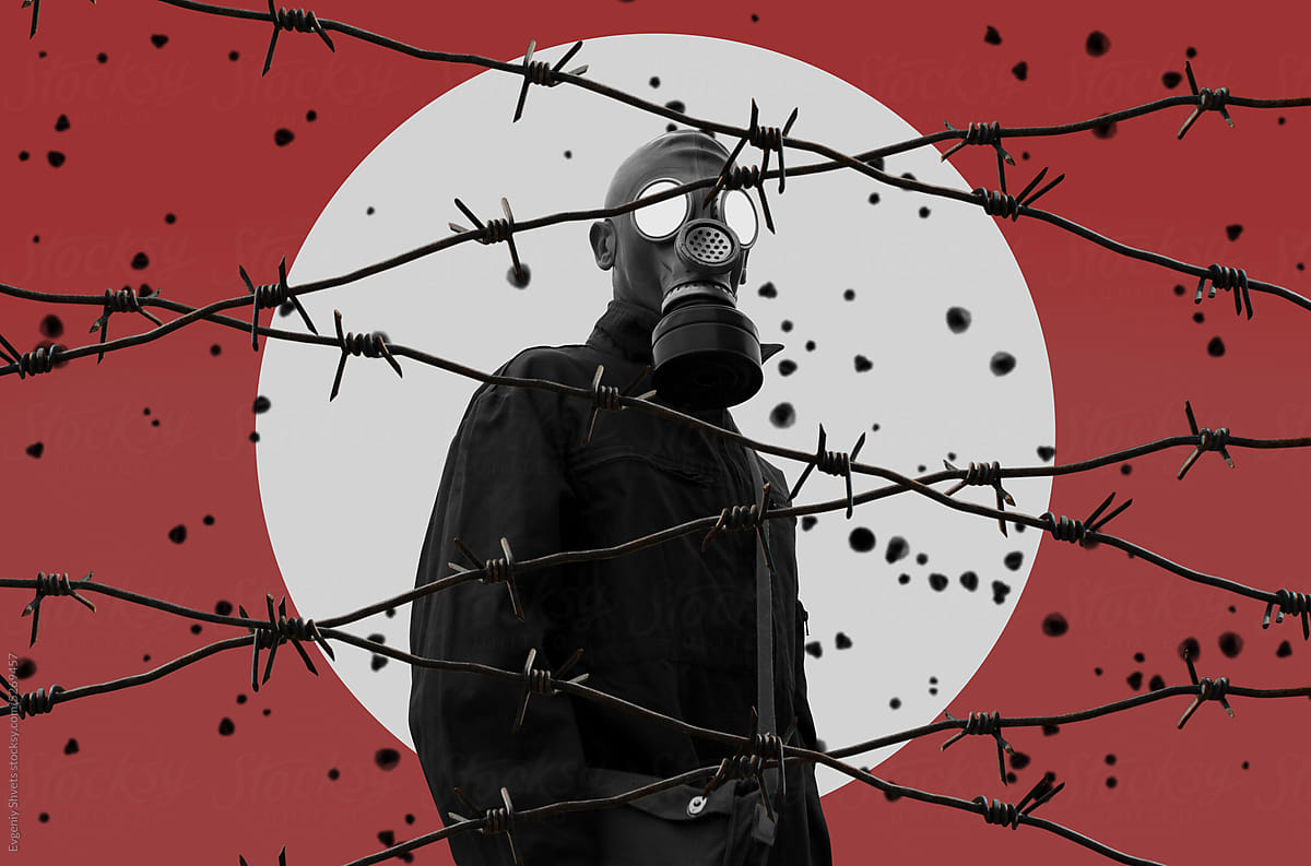 Collage Art With Soldier In Gas Mask Behind Barbed Wire