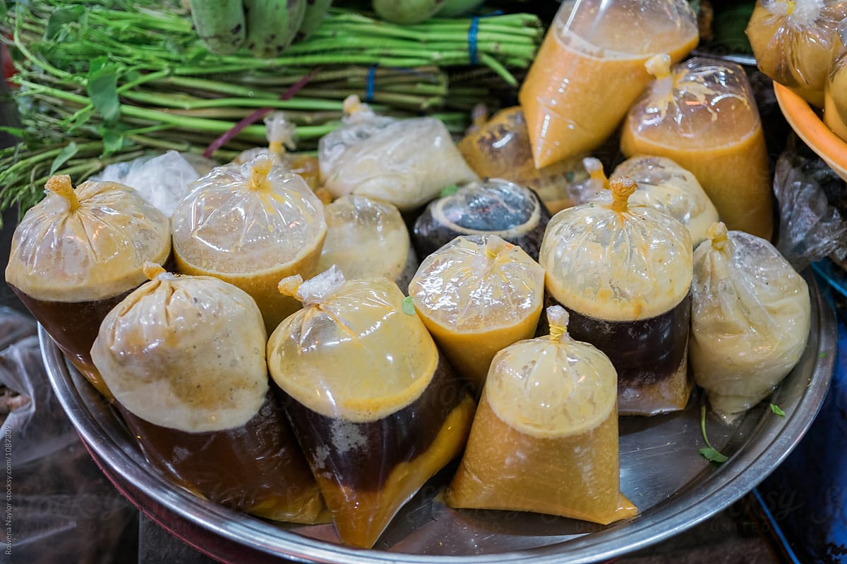 Fish Sauce and Laksa sauce at street market in Cambodia