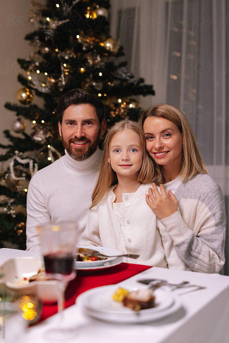 Portrait Christmas family tree smile photo together interior