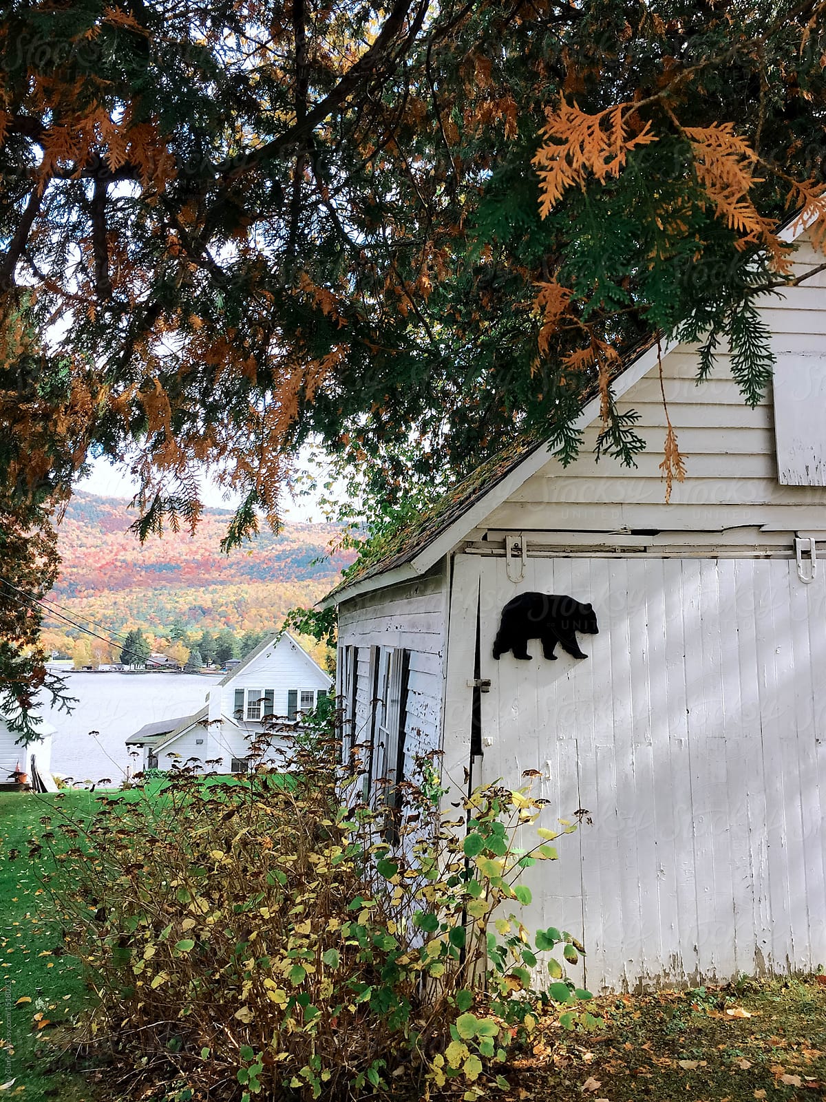 An Old Barn With A Bear Decoration On Its Door In Autumn By Holly Clark