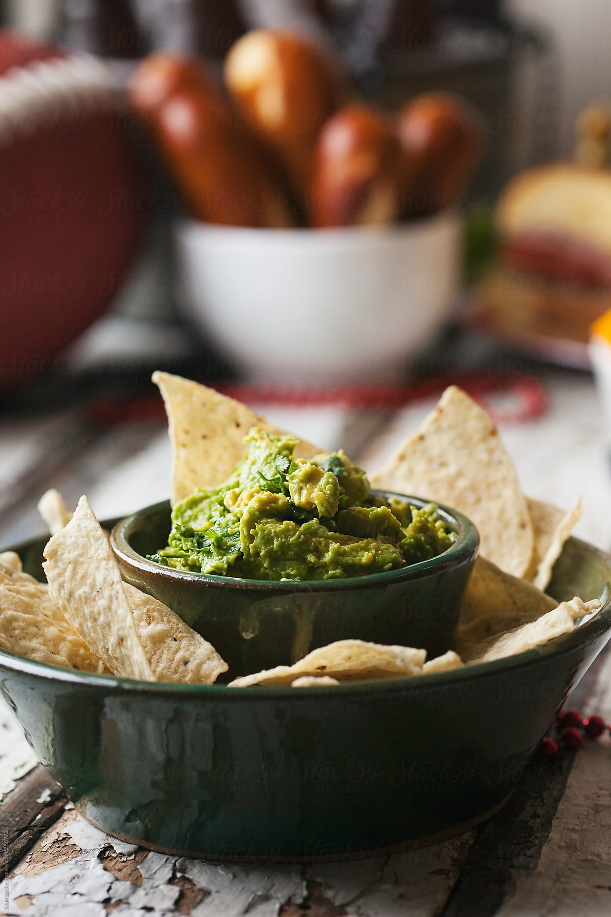 Football: Bowl Of Guacamole With Other Snacks