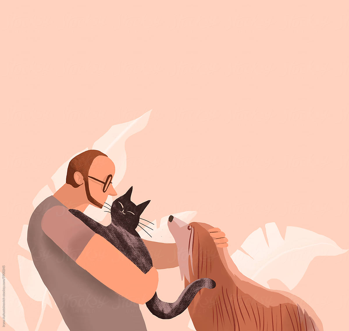 Man with cat and dog