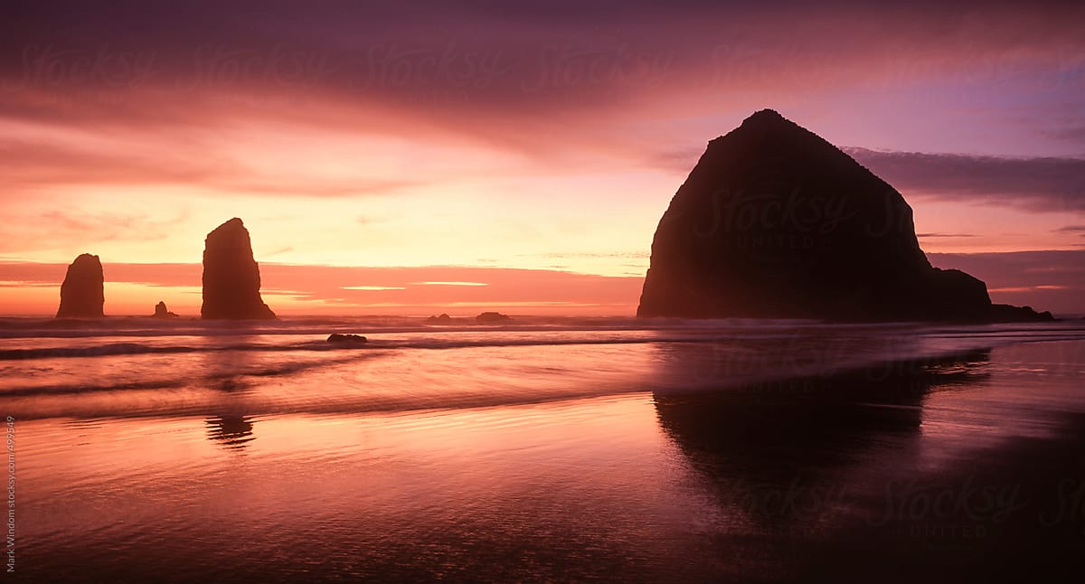 Colorful sunset at Cannon Beach, Oregon coast