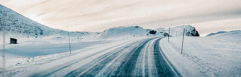 Panorama Road Through Dramatic Winter Landscape in Scandinavia