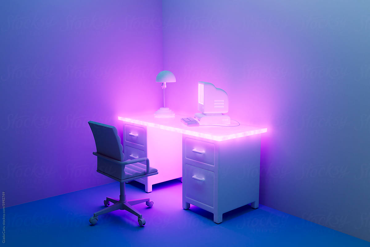 3D Render of Modern Neon-Lit Desk with Empty Chair