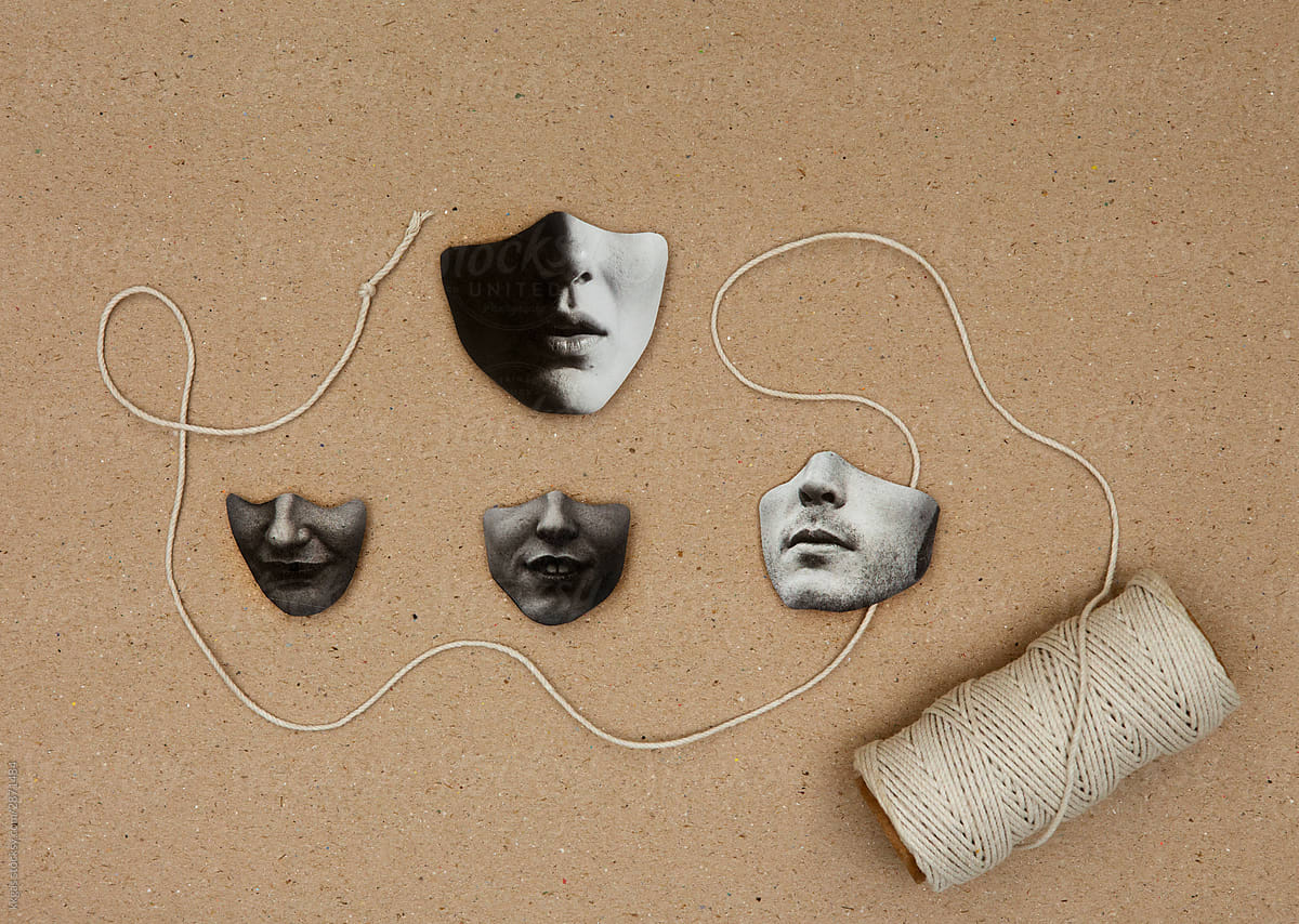 People connected by string collage
