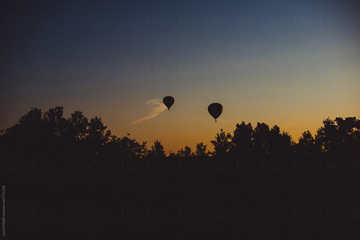 Two hot air balloon floating above the trees at dusk
