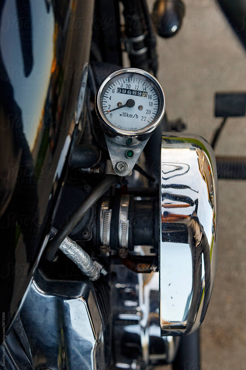 Speedometer on side of retro motorcycle