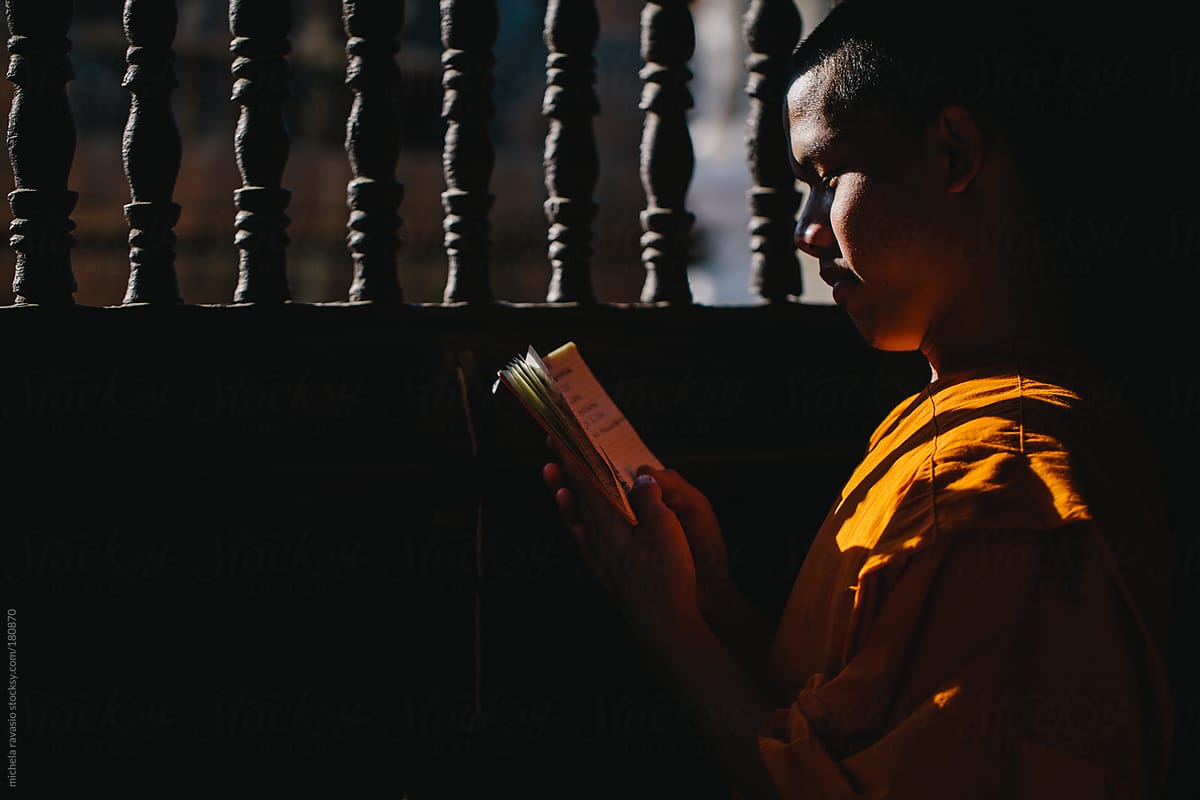 Young Buddhist monk reading by the window of the temple