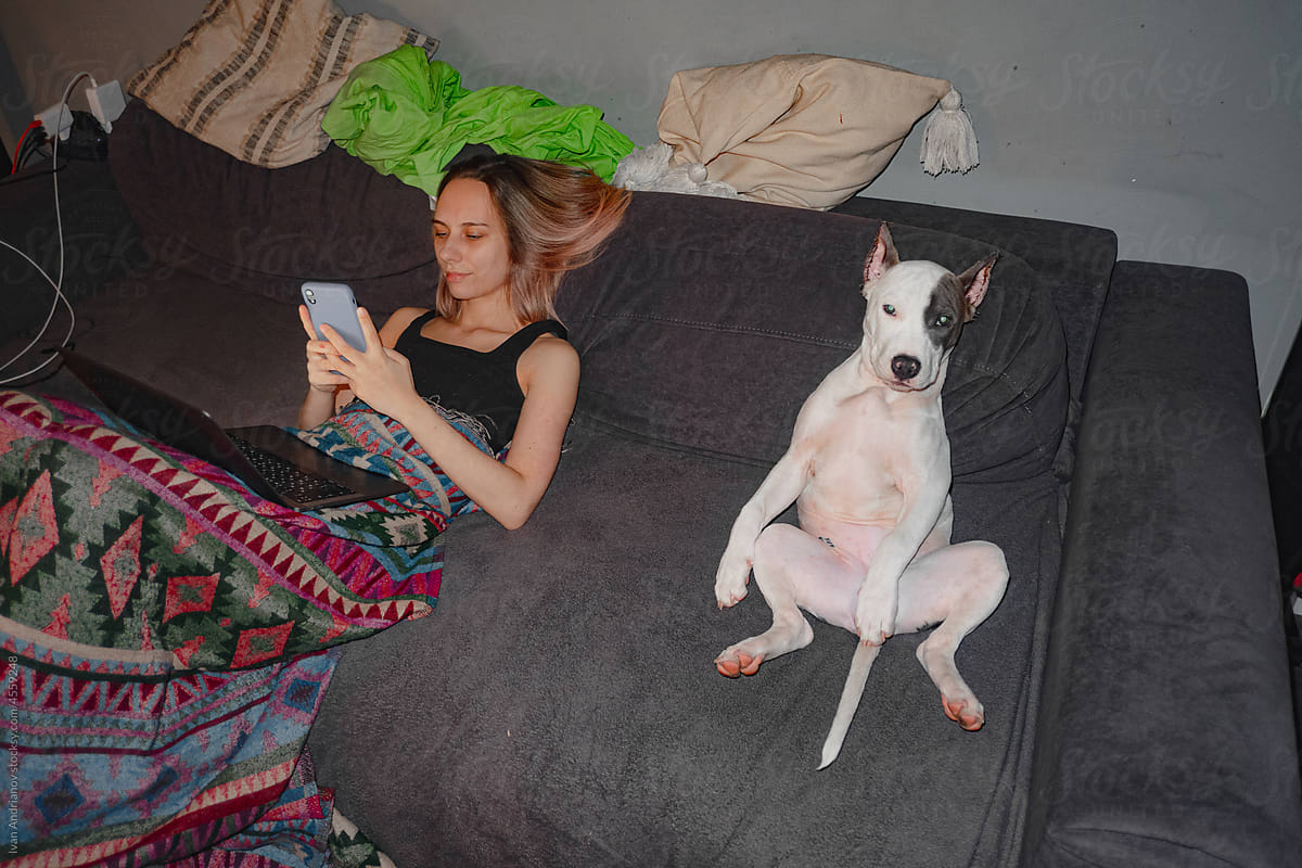 Clumsy Funny Dog With Working Busy Woman At Home