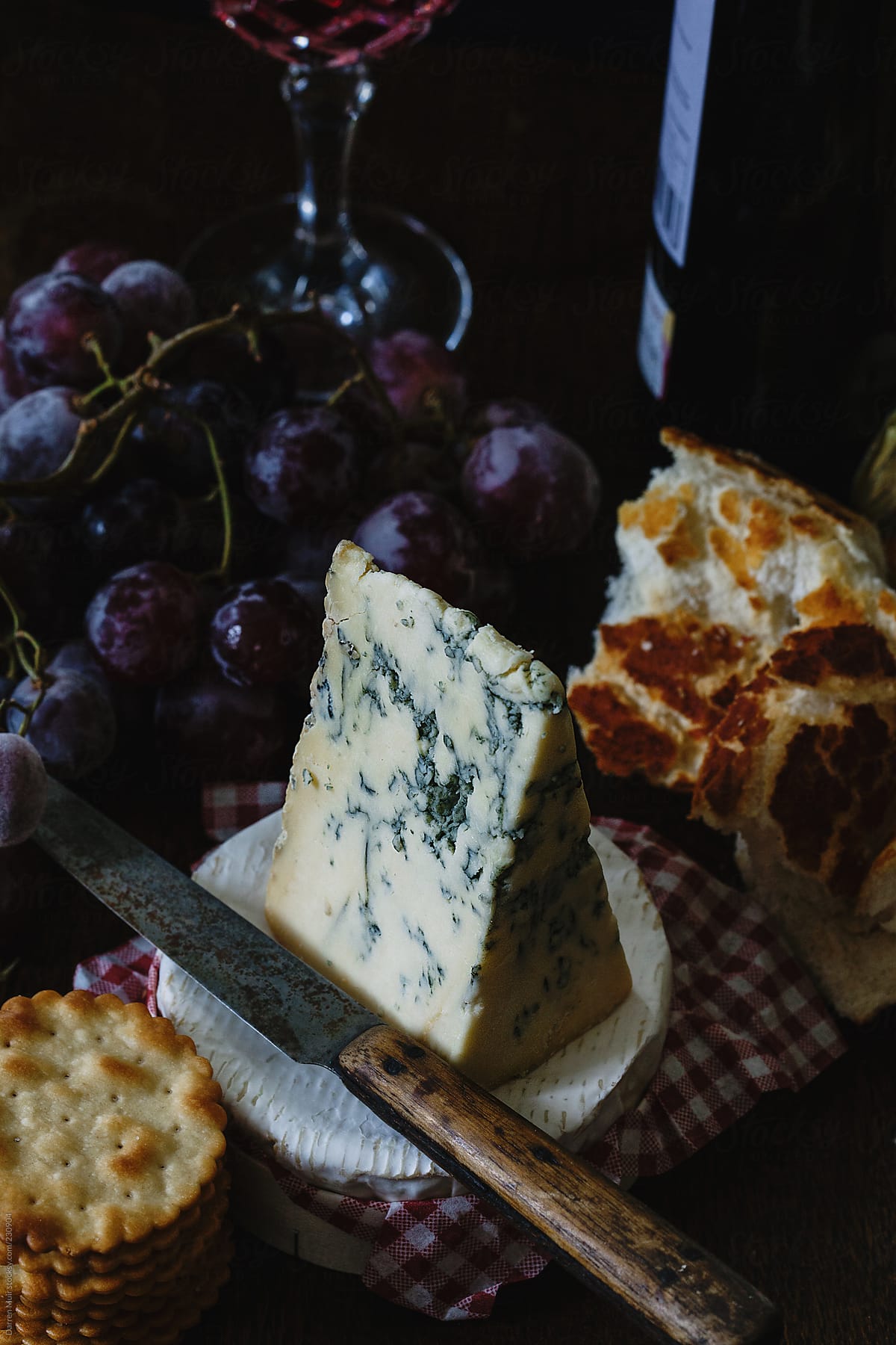 Cheese and wine. Blue cheese.