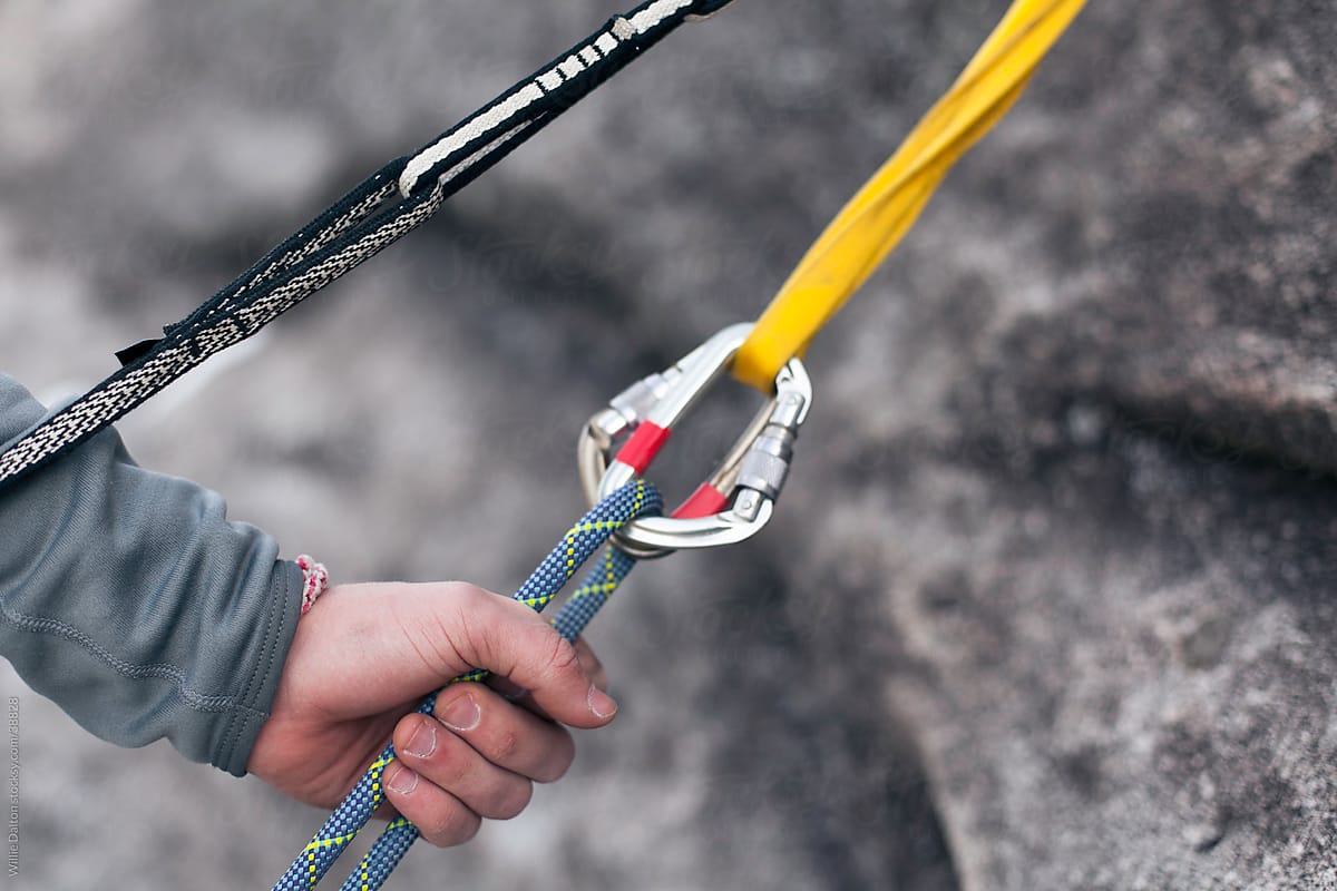 Hand Feeds Rope Through Carabiners