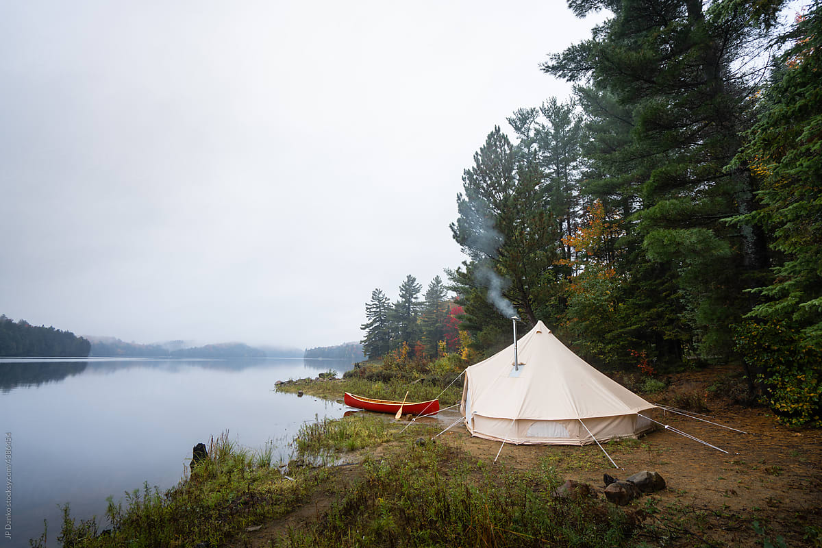 Raining Autumn Campsite Bell Tent Canoe