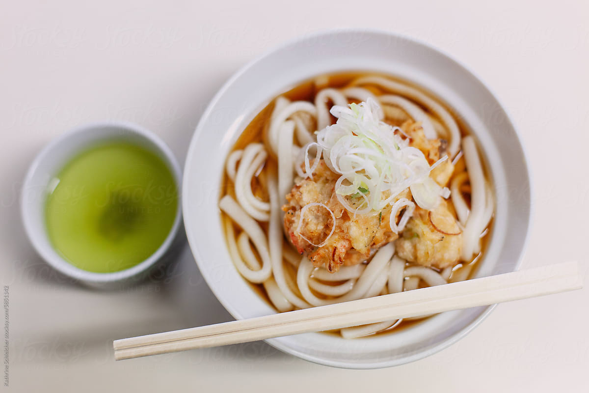 Udon Noodles with Tempura and Green Tea