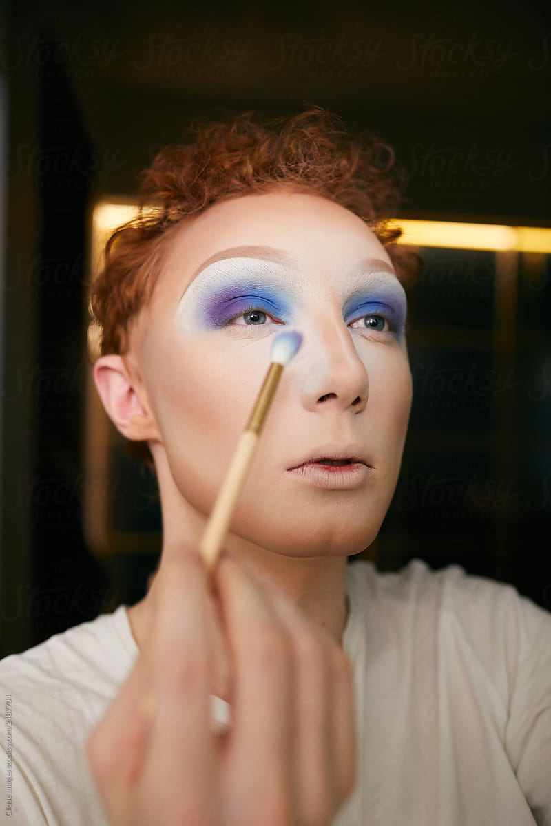 Red-haired Drag Queen Applying Eyeshadow Portrait