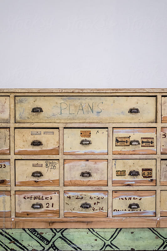 Vintage industrial storage drawers used as furniture