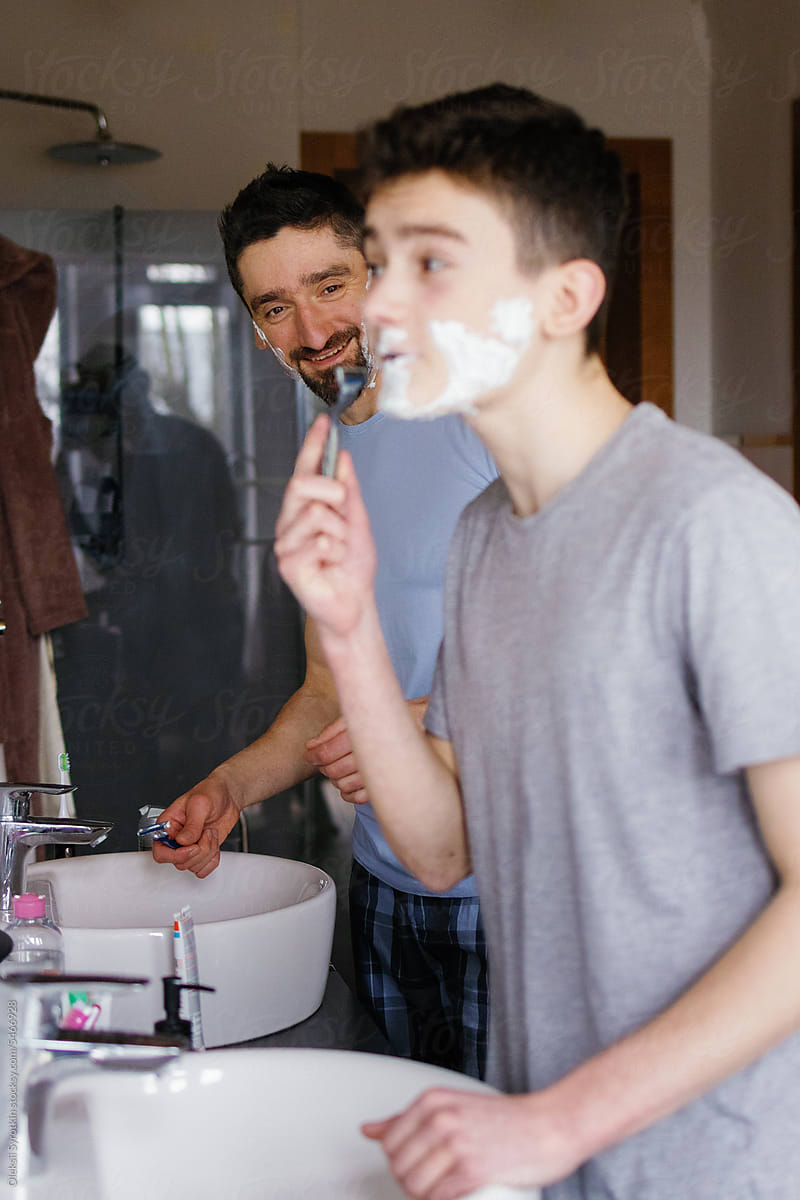 Father son parent relationship self-care shaving washroom hygiene