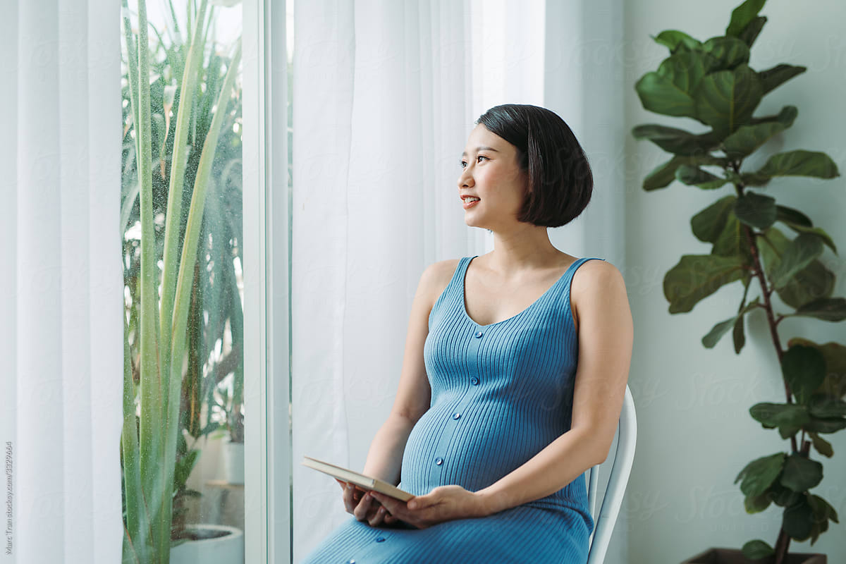 Pregnant woman with book looking through the window
