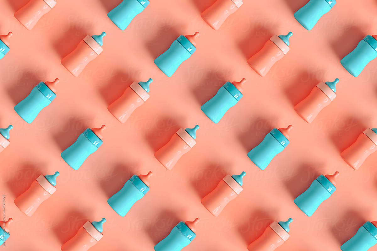 pattern of Baby bottles on pink background - 3D