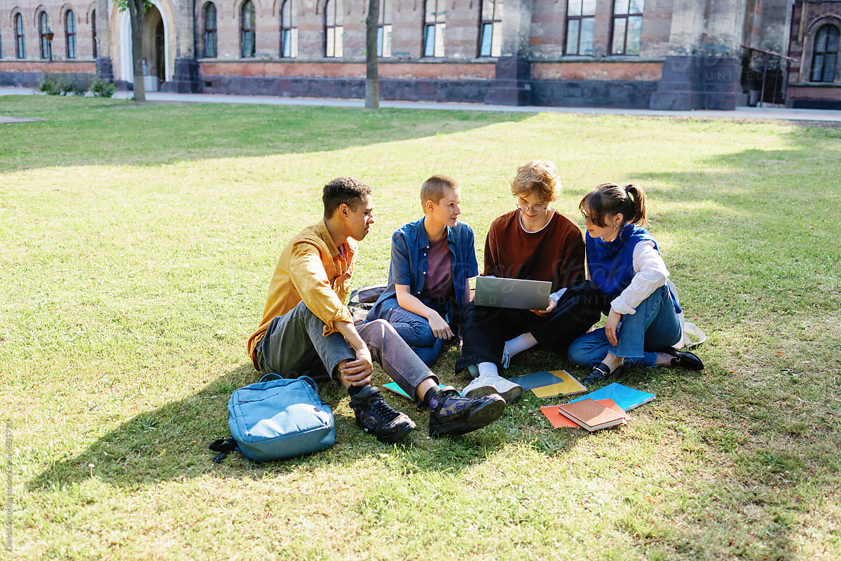 Classmate study lawn partnership laptop productivity campus knowledge