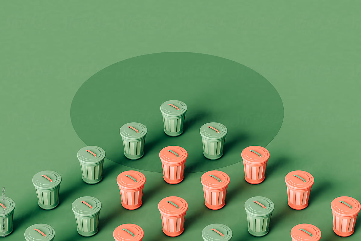 multicolored 3d trash cans on a green background.