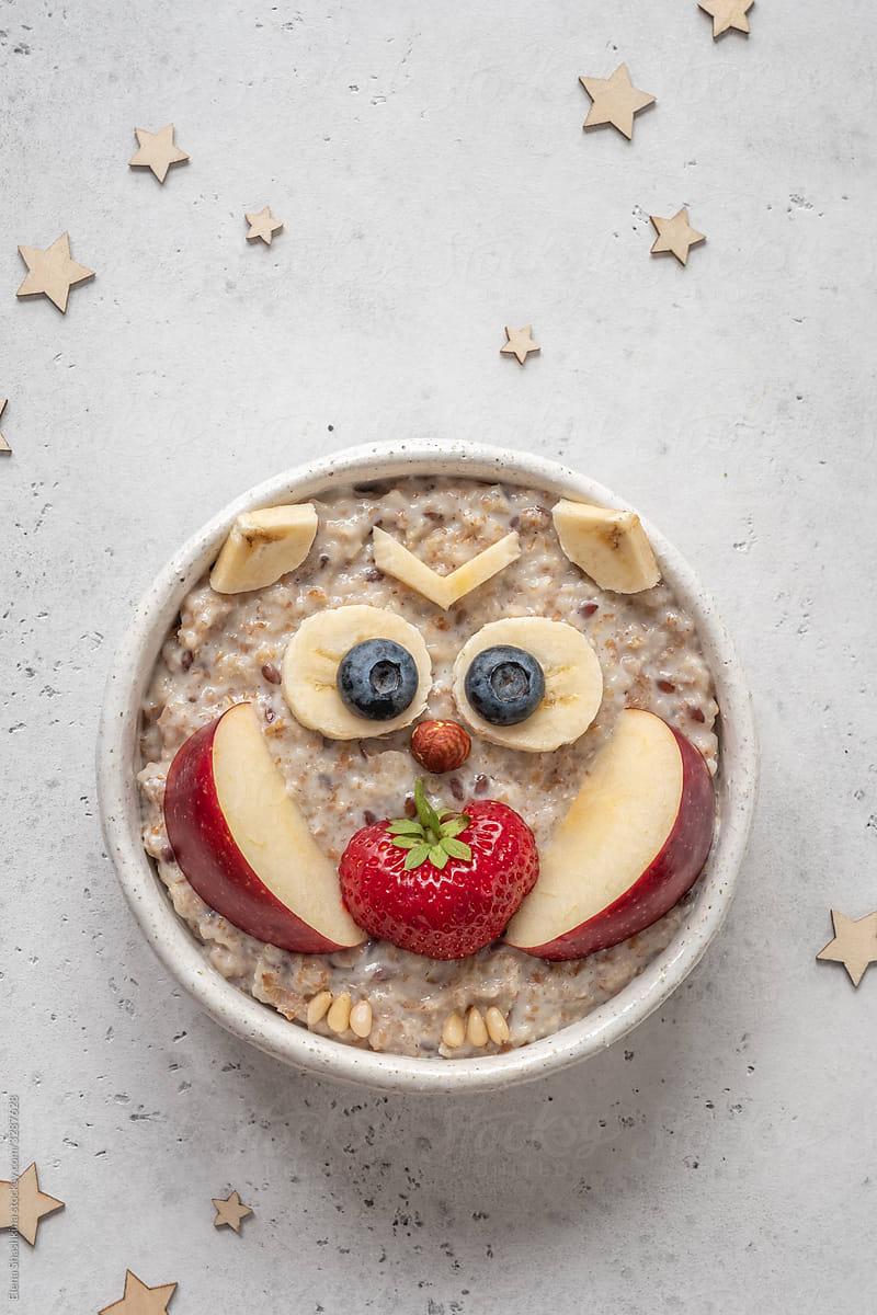Cute owl shaped breakfast healthy oatmeal porridge for kids