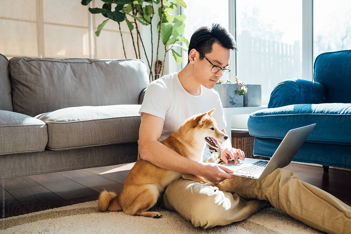 Man using laptop with dog